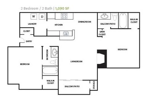A floor plan of a 2 bedroom apartment with 2 bathrooms.